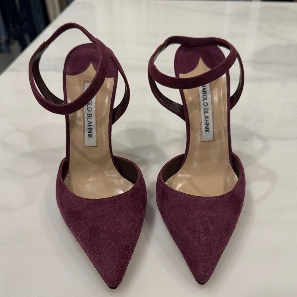 Manolo Blahnik Plum Suede Pointed-Toe Ankle-Strap Heels